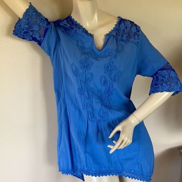 Gretty Zueger Embroidered mesh cotton elbow length sleeve Tunic Ocean Blue Med - Picture 6 of 17